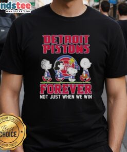 Peanuts Snoopy and friends on a Detroit Pistons Forever t-shirt, celebrating loyalty beyond wins.