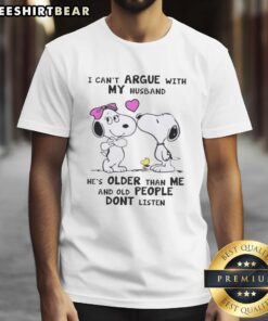 Alt Text: Cute Peanuts Snoopy T-shirt with I Can't Argue With My Husband, He's Older phrase, perfect for humorous couples.