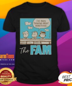 Alt Text: Cute Peanuts The Fam I've Been Thinking About Something T-Shirt featuring playful cartoon characters in vibrant colors.