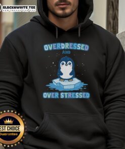 Cute penguin overdressed in a cozy hoodie, looking stressed yet adorable, perfect for a whimsical winter-themed design.