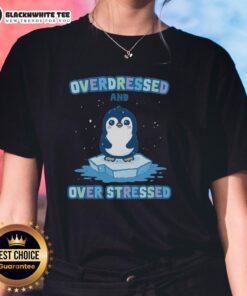 Alt Text: Cute penguin wearing a fancy outfit on a ladies' tee, showcasing a fun and playful design for stressed fashion lovers.