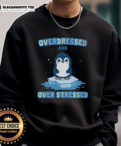 Cute penguin wearing a stylish sweatshirt, looking overdressed and over-stressed, perfect for cozy casual wear.