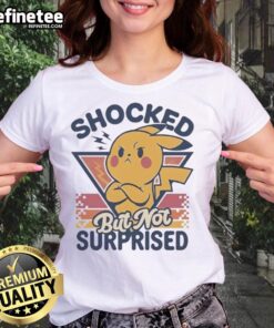Adorable Pikachu in a shocked expression on a retro ladies tee, perfect for Pokmon fans and stylish casual wear.