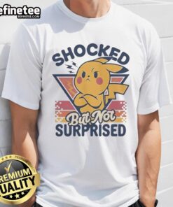 Alt Text: Cute Pikachu shocked but not surprised graphic on a retro T-shirt, perfect for Pokmon fans and vintage style lovers.
