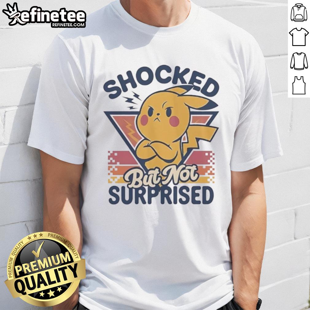 cute-pikachu-shocked-but-not-surprised-retro-t-shirt Alt Text: Cute Pikachu shocked but not surprised graphic on a retro T-shirt, perfect for Pokmon fans and vintage style lovers.