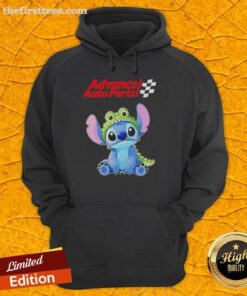 Adorable Cute Stitch cosplay wearing a Crocodile X Advance Auto Parts hoodie, showcasing vibrant colors and unique design.