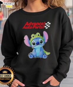 Adorable Stitch cosplay featuring a crocodile design on an Advance Auto Parts sweatshirt, perfect for fans and collectors.