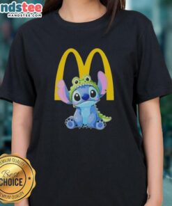 Cute Stitch cosplay crocodile McDonald's ladies tee featuring vibrant colors and playful design for casual wear.