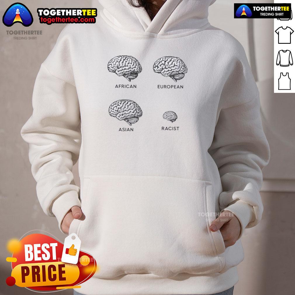 Funny Brains African European Asian Racist Hoodie Funny Brains hoodie featuring diverse cartoon characters from Africa, Europe, and Asia, promoting unity and humor.