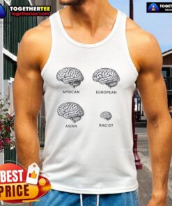 Funny brains tank top showcasing African, European, and Asian designs with a humorous twist on racism.
