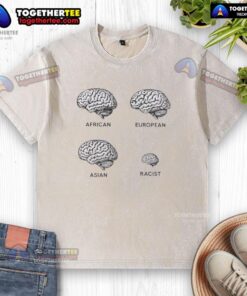 Alt Text: Funny Brains graphic on a washed T-shirt featuring African, European, and Asian designs, promoting unity and humor.