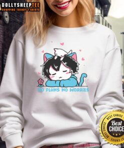 Alt Text: Funny cat boy sweatshirt featuring a relaxed design with No Plans, No Worries slogan, perfect for casual wear.