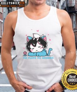Funny cat boy in a tank top with 'No Plans No Worries' text, showcasing a playful and carefree vibe.