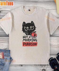 Funny cat wearing a 'Not a Morning Purrson' washed t-shirt, showcasing its playful attitude and humor.