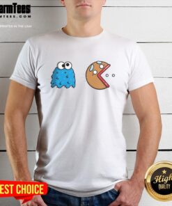 Funny Cookie Monster Cookie Man Pacman T-Shirt featuring a playful design of Cookie Monster as Pacman in vibrant colors.