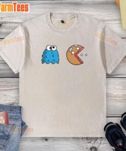 Funny Cookie Monster cookie man Pacman design on a washed t-shirt, perfect for fans of quirky graphic tees.