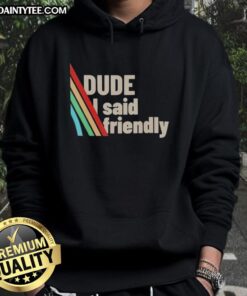 Funny dude wearing a Friendly ARC Raiders hoodie, showcasing a playful design and vibrant colors, perfect for fans.