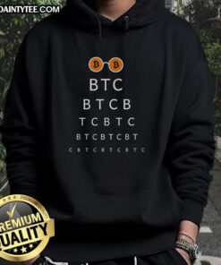 Alt Text: Person wearing a Funny Eye Check Bitcoin B T C hoodie with vibrant design, showcasing humor in cryptocurrency fashion.