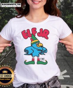 Funny Ft. Wright Drama Elf Jr. ladies tee featuring a playful design, perfect for theater enthusiasts and holiday cheer.