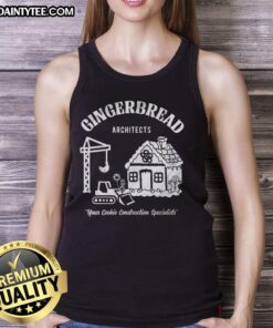 Funny gingerbread architects tank top featuring whimsical cookie designs and playful construction elements for festive wear.