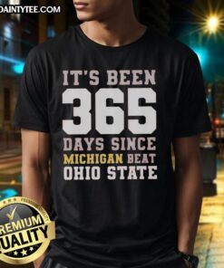 Funny 'It's Been 365 Days Since Michigan Beat Ohio State' T-Shirt featuring bold text and team colors for fans.