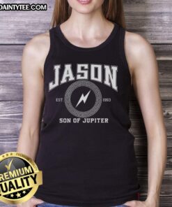 Funny Jason Son of Jupiter Storm Bringer tank top featuring a humorous design, perfect for fans of mythology and casual wear.