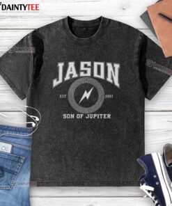 Funny Jason Son of Jupiter Storm Bringer washed t-shirt design featuring vibrant graphics and playful text.