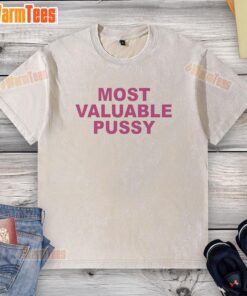 Funny Most Valuable Pussy letter meme on a washed t-shirt, showcasing a humorous design for cat lovers and meme enthusiasts.