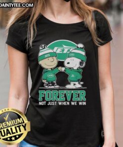 Funny New York Jets X Charlie Brown tee featuring Snoopy, perfect for fans, celebrating forever loyalty to the team.