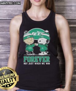 Funny New York Jets X Charlie Brown tank top featuring Snoopy with 'Forever, Not Just When We Win' slogan.