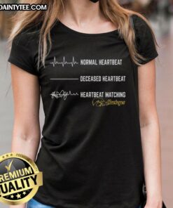 Funny Iowa Hawkeyes ladies tee showing a heartbeat graphic for fans, blending humor and team spirit in women's apparel.