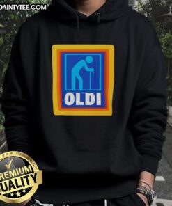 Alt Text: Funny OLDI Senior Aldi logo parody hoodie featuring a playful design for humor and style.