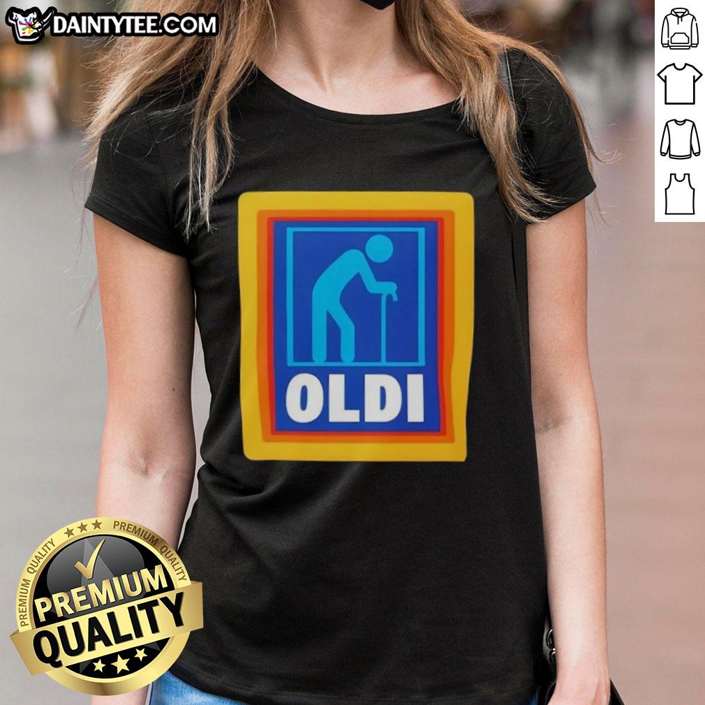 funny-oldi-senior-aldi-logo-parody-ladies-tee Funny OLDI parody logo on a ladies tee, humorously reimagining the Aldi brand for seniors. Perfect for casual wear!