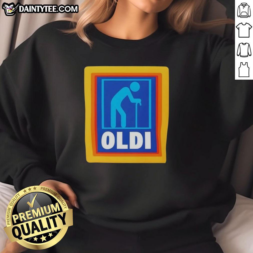 funny-oldi-senior-aldi-logo-parody-sweatshirt Funny OLDI Senior Aldi Logo Parody Sweatshirt featuring a humorous twist on the classic Aldi logo design.