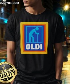 Funny Oldi Senior Aldi Logo Parody T-Shirt featuring a humorous twist on the classic Aldi logo for seniors.