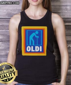 Funny OLDI senior Aldi logo parody tank top design featuring humor and playful graphics for older adults.