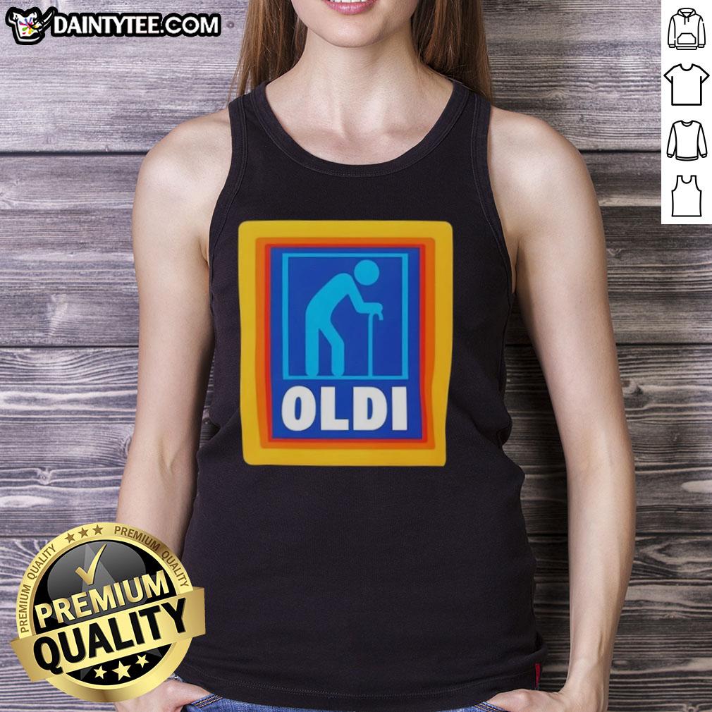 funny-oldi-senior-aldi-logo-parody-tank-top Funny OLDI senior Aldi logo parody tank top design featuring humor and playful graphics for older adults.