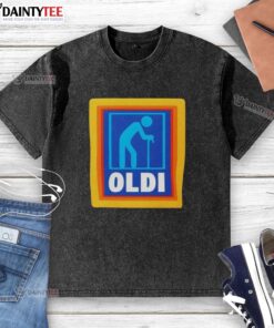 Funny OLDI senior Aldi logo parody on a washed t-shirt, perfect for humor and casual wear enthusiasts.