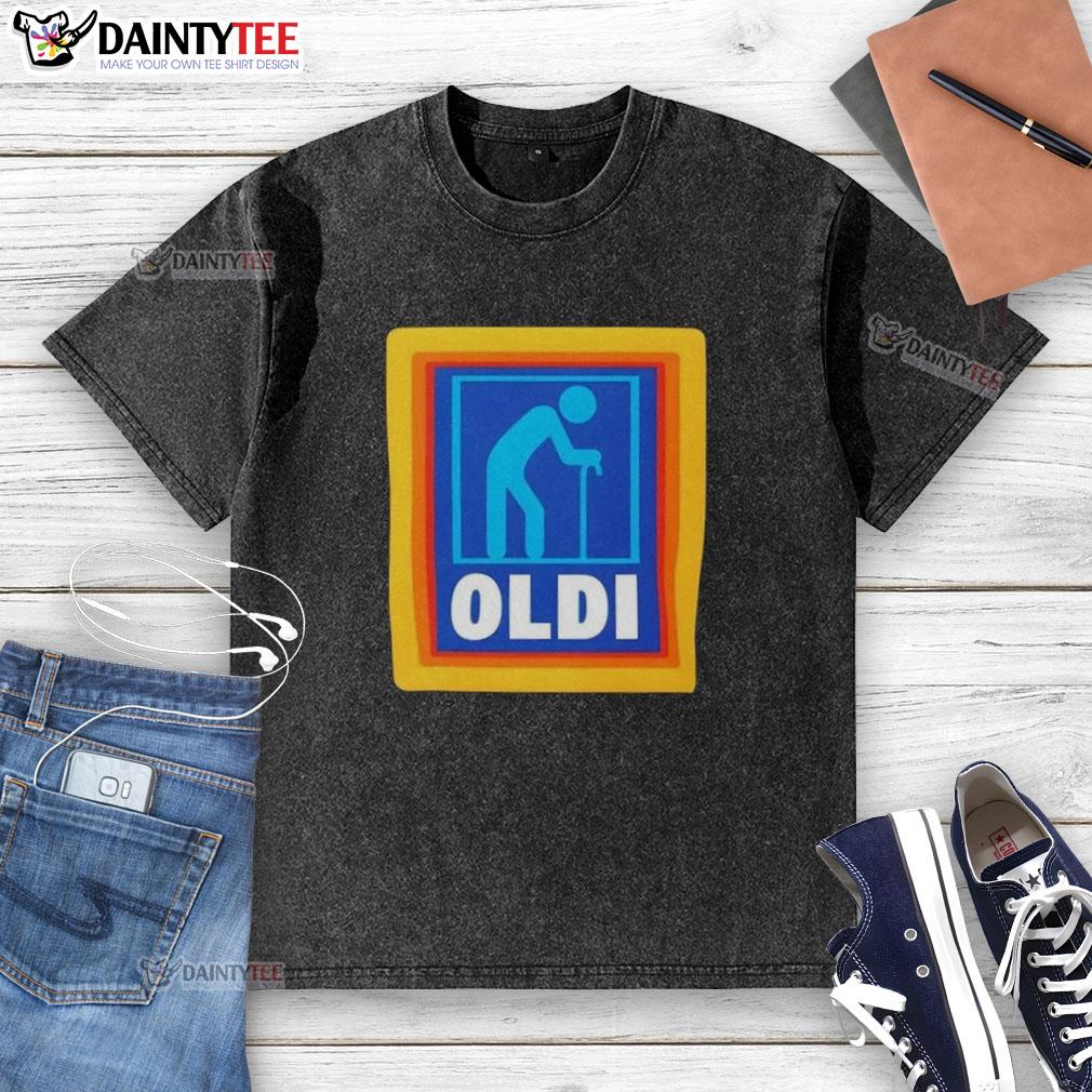 funny-oldi-senior-aldi-logo-parody-washed-t-shirt Funny OLDI senior Aldi logo parody on a washed t-shirt, perfect for humor and casual wear enthusiasts.