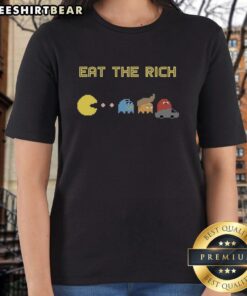 Funny Pacman Eat the Rich Ladies Tee featuring a playful Pacman design with a humorous take on wealth and consumption.