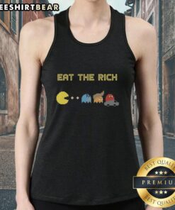 Funny Pacman Eat the Rich tank top design featuring colorful graphics and a playful message on a trendy apparel item.