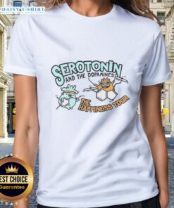 Funny Serotonin and Dopamine Happiness Tour Ladies Tee showcasing vibrant graphics for joy and positivity.
