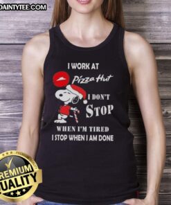 Funny Snoopy tank top with I Work At Pizza Hut quote, perfect for Christmas, showcasing a playful and festive design.