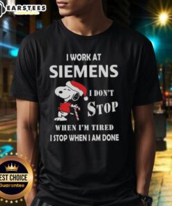 Alt Text: Funny Snoopy Christmas T-Shirt featuring I Work At Siemens I Don't Stop When I'm Tired slogan. Perfect for holidays!