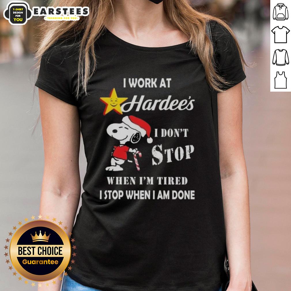 funny-snoopy-i-work-at-the-hardees-i-dont-stop-when-im-tired-i-stop-when-i-am-done-christmas-ladies-tee Alt Text: Funny Snoopy Christmas tee for ladies saying, 'I work at Hardee's, I dont stop when Im tired, I stop when Im done.'