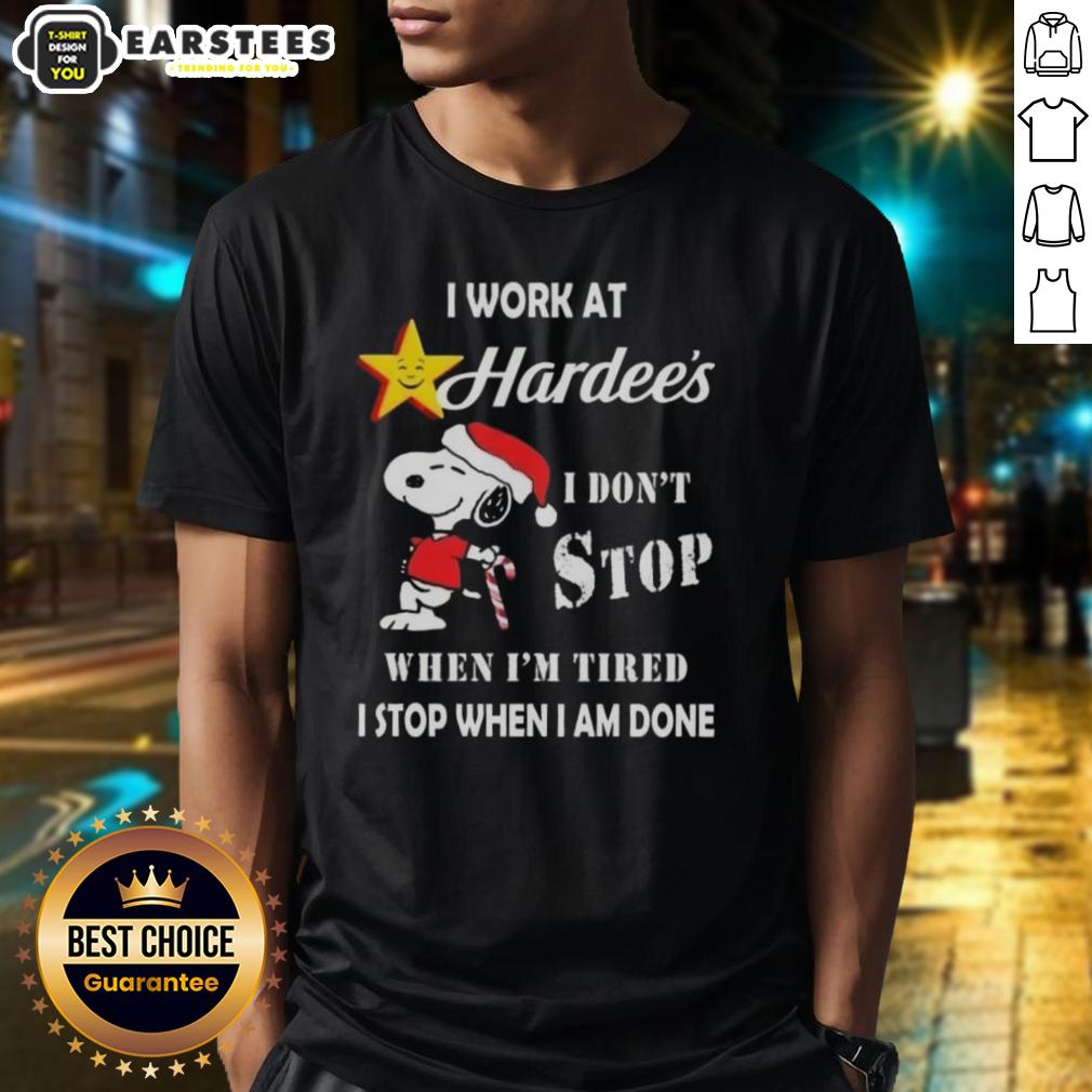 funny-snoopy-i-work-at-the-hardees-i-dont-stop-when-im-tired-i-stop-when-i-am-done-christmas-t-shirt Alt Text: Funny Snoopy Christmas T-shirt featuring I Work At The Hardee's I Don't Stop When I'm Tired slogan.