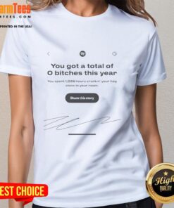 Alt Text: Funny Spotify graphic tee featuring You Got A Total Of 0 Bitches This Year text for ladies. Perfect for humor lovers!