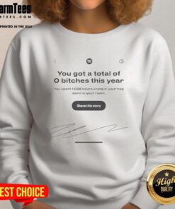 Funny Spotify sweatshirt with 'You Got A Total Of 0 Bitches This Year' graphic, perfect for humor lovers and casual wear.