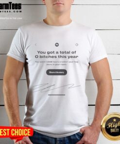 Alt Text: Funny Spotify You Got A Total Of 0 Bitches This Year T-shirt design featuring humorous text on a casual tee.