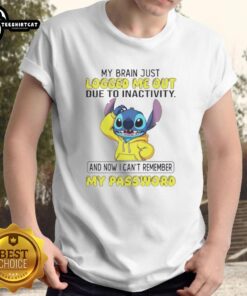 Alt Text: Funny Stitch t-shirt featuring My Brain Just Logged Me Out Due To Inactivity and password theme for humor lovers.